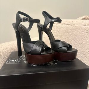 Ruthie Davis Black Leather Platform Heels with Brown Wood-Look Sole